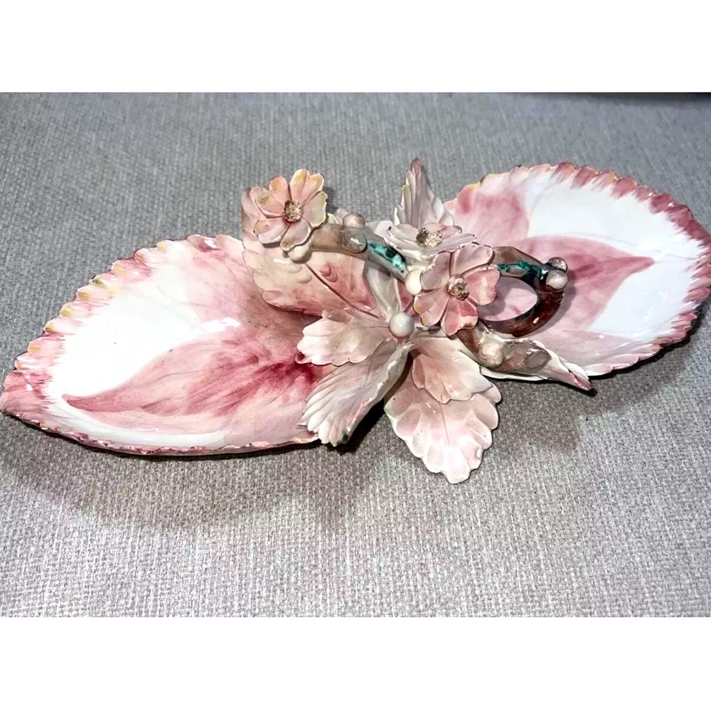 Vintage Italy Made Pink Porcelain Petals Dish With Porcelain Flowers And Handle